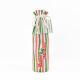 Front of pink, green, and white striped wine bag with “Liquid Mistletoe” printed on the front