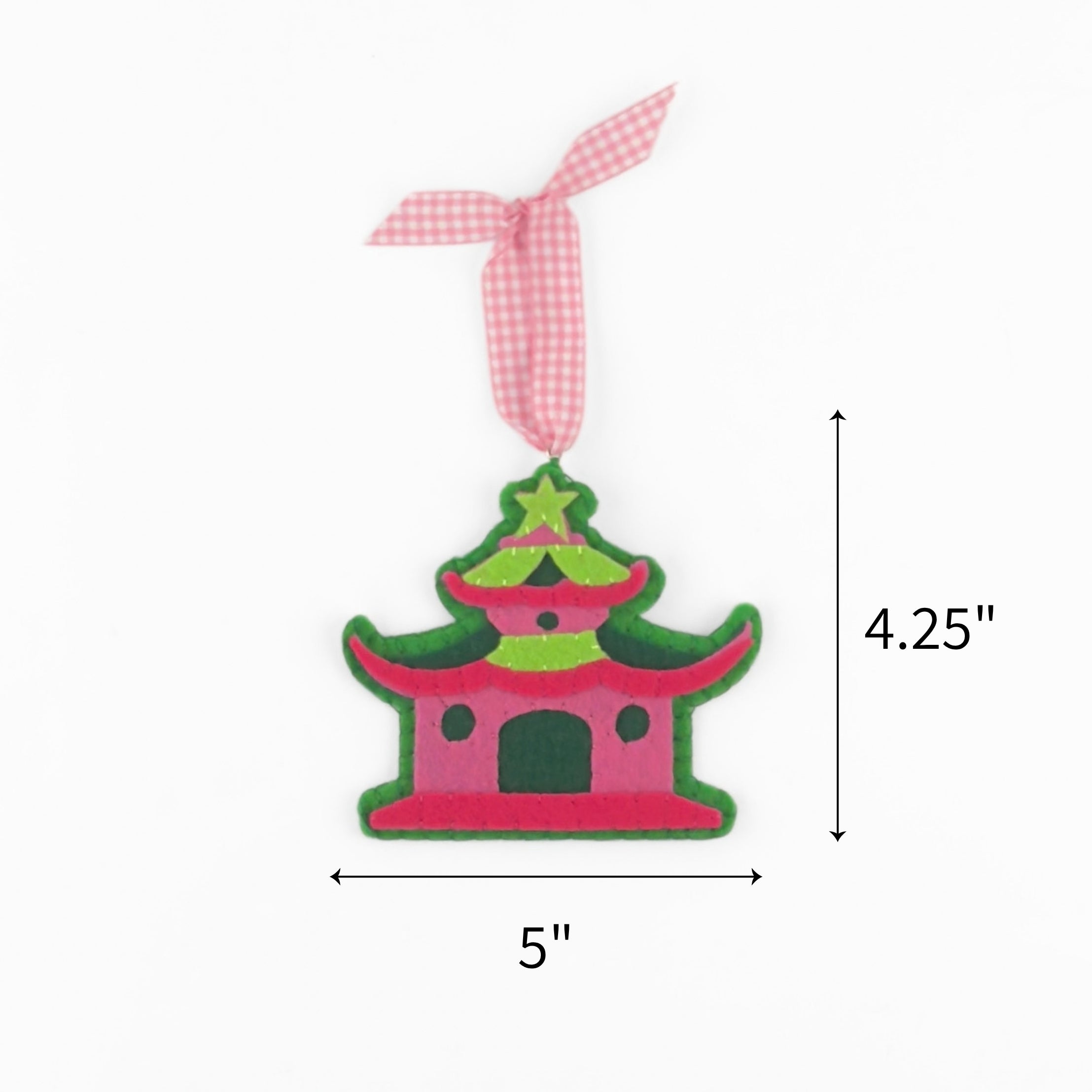 Pink and green felt chinoiserie pagoda Christmas ornament with gingham ribbon, measuring 4.25" by 5"