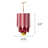 Colorful tole metal lantern Christmas ornament featuring White, red, and pink stripes, measuring 6.5" by 4.75"
