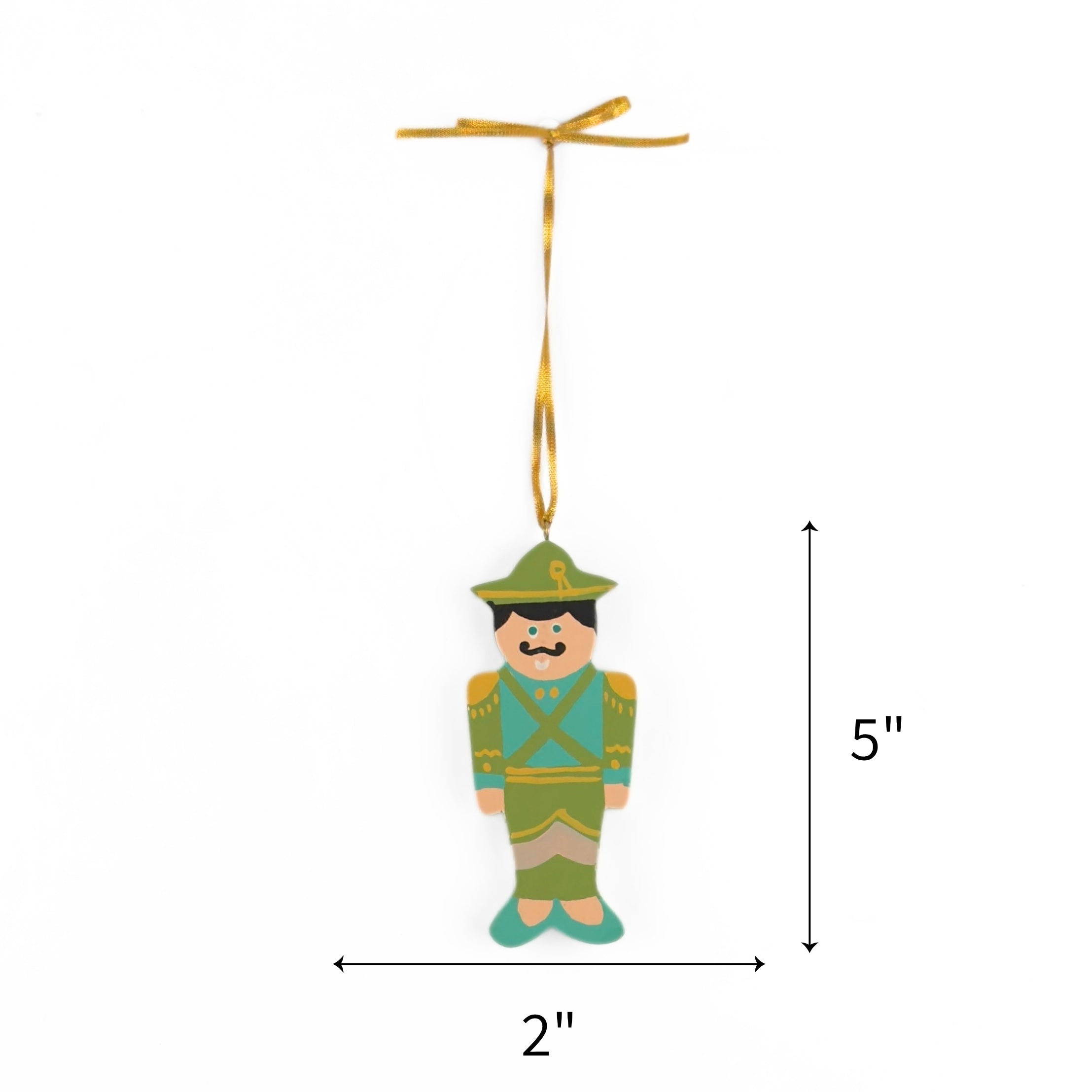 Blue hand painted wooden nutcracker Christmas ornament on a white background with dimension arrows indicating 5" by 2"
