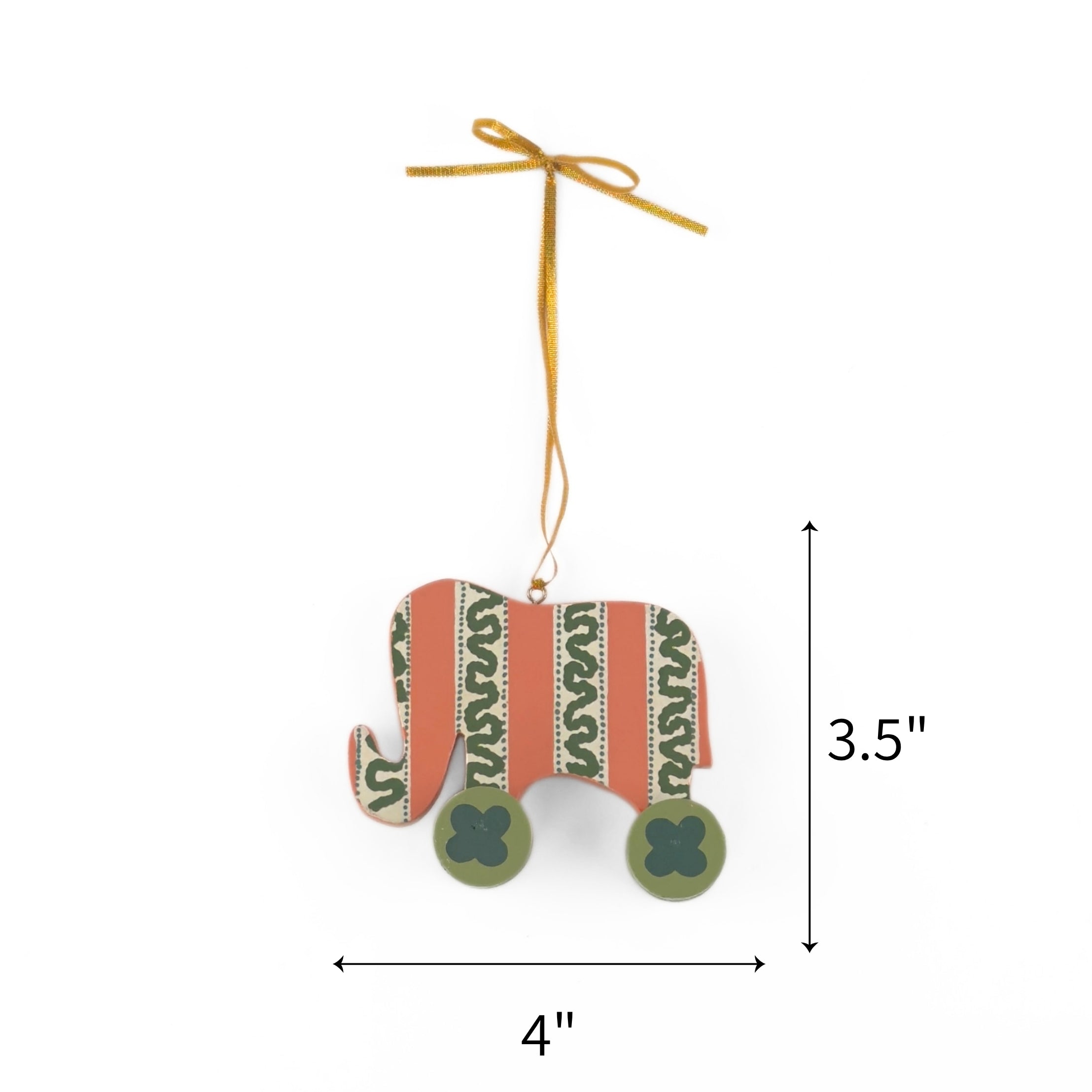 Wooden elephant Christmas ornament featuring pink and green patterns, measuring 3.5" by 4"