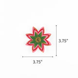 Pink jeweled flower Christmas ornament featuring green petals and gold accents, measuring 3.75" by 3.75"