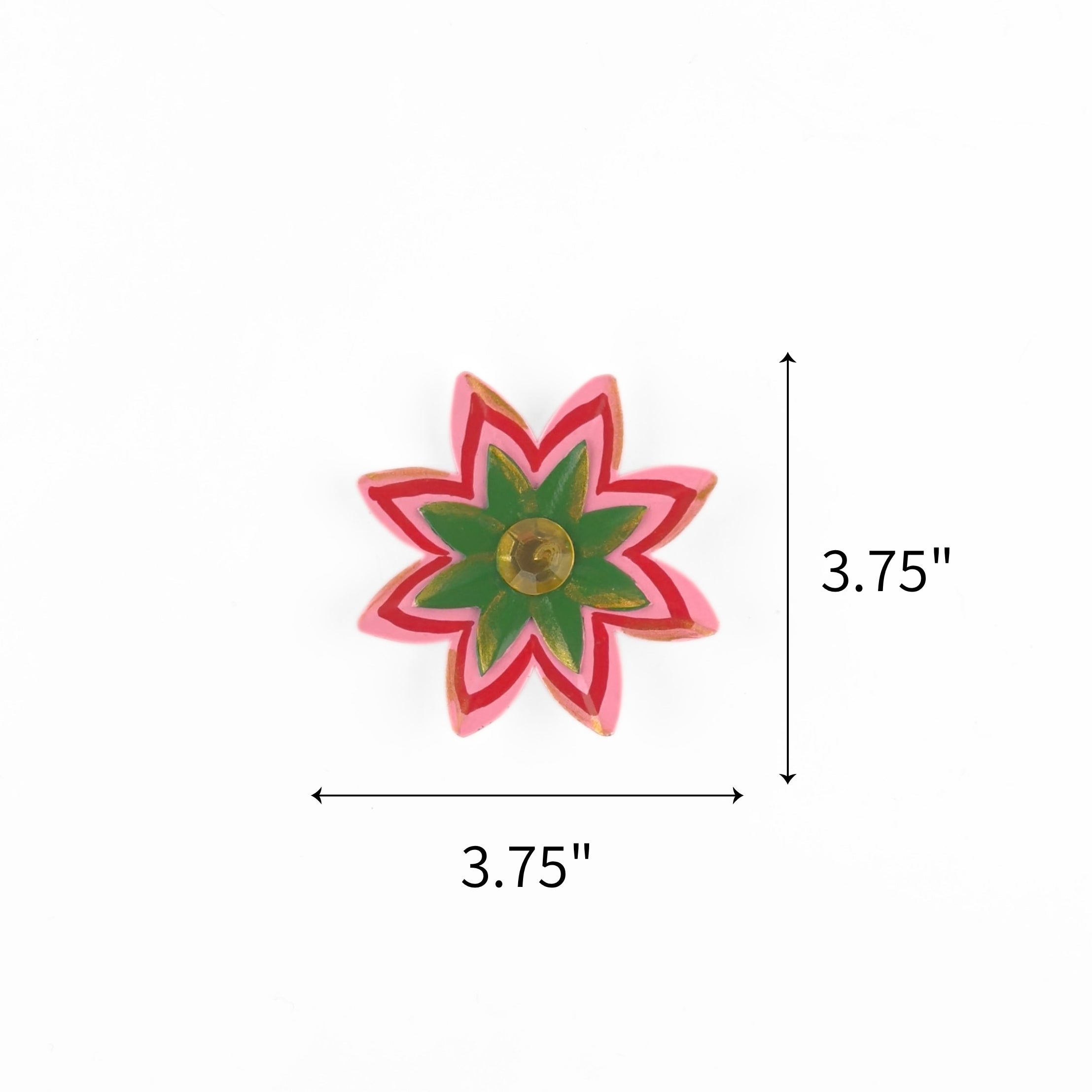 Pink jeweled flower Christmas ornament featuring green petals and gold accents, measuring 3.75" by 3.75"