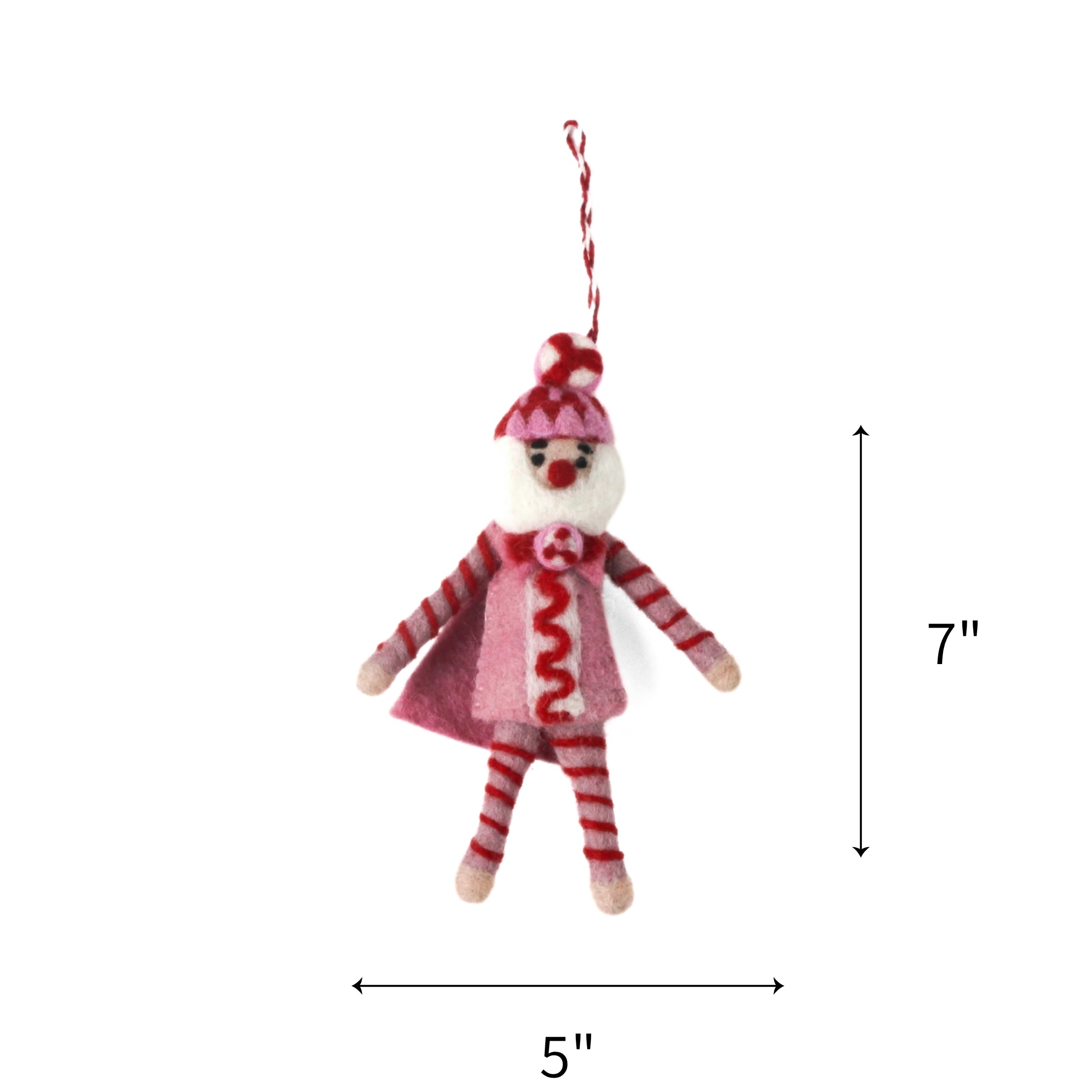 Pink and red felt nutcracker ornament featuring a festive cape, measuring 7" by 5"