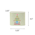 Small Festive Christmas caddy featuring colorful pagodas, pink stars, and delicate green patterned backgrounds throughout with dimensions of 2.25" by 4.5" by 5.25"