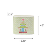 Small Festive Christmas caddy featuring colorful pagodas, pink stars, and delicate green patterned backgrounds throughout with dimensions of 2.25" by 4.5" by 5.25"