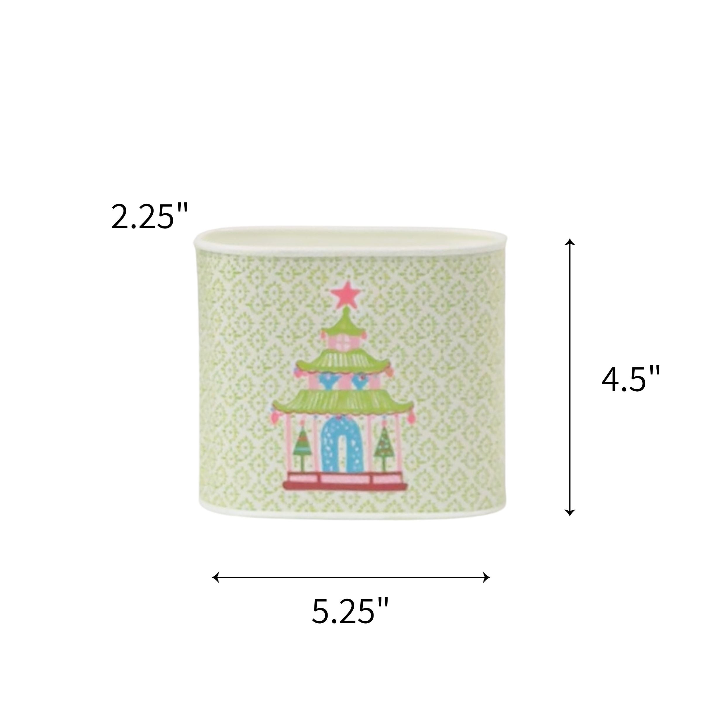 Small Festive Christmas caddy featuring colorful pagodas, pink stars, and delicate green patterned backgrounds throughout with dimensions of 2.25" by 4.5" by 5.25"