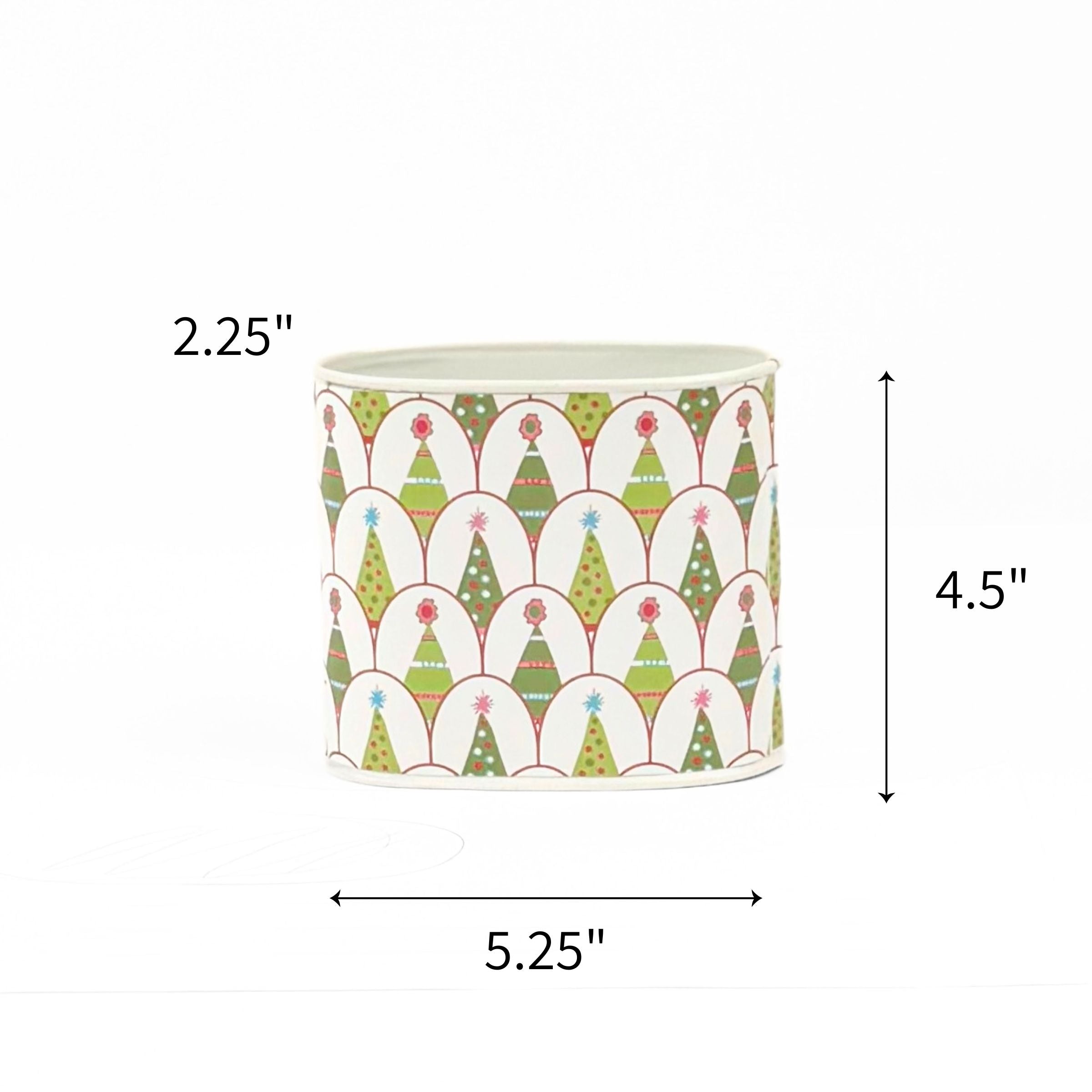 Small Christmas caddy featuring colorful festive trees with dimensions 2.25" by 4.5" by 5.25"