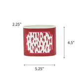 Small Decorative caddy featuring bold red and pink brushstroke patterns with contrasting white backgrounds throughout with dimensions of 2.25" by 4.5" by 5.25"