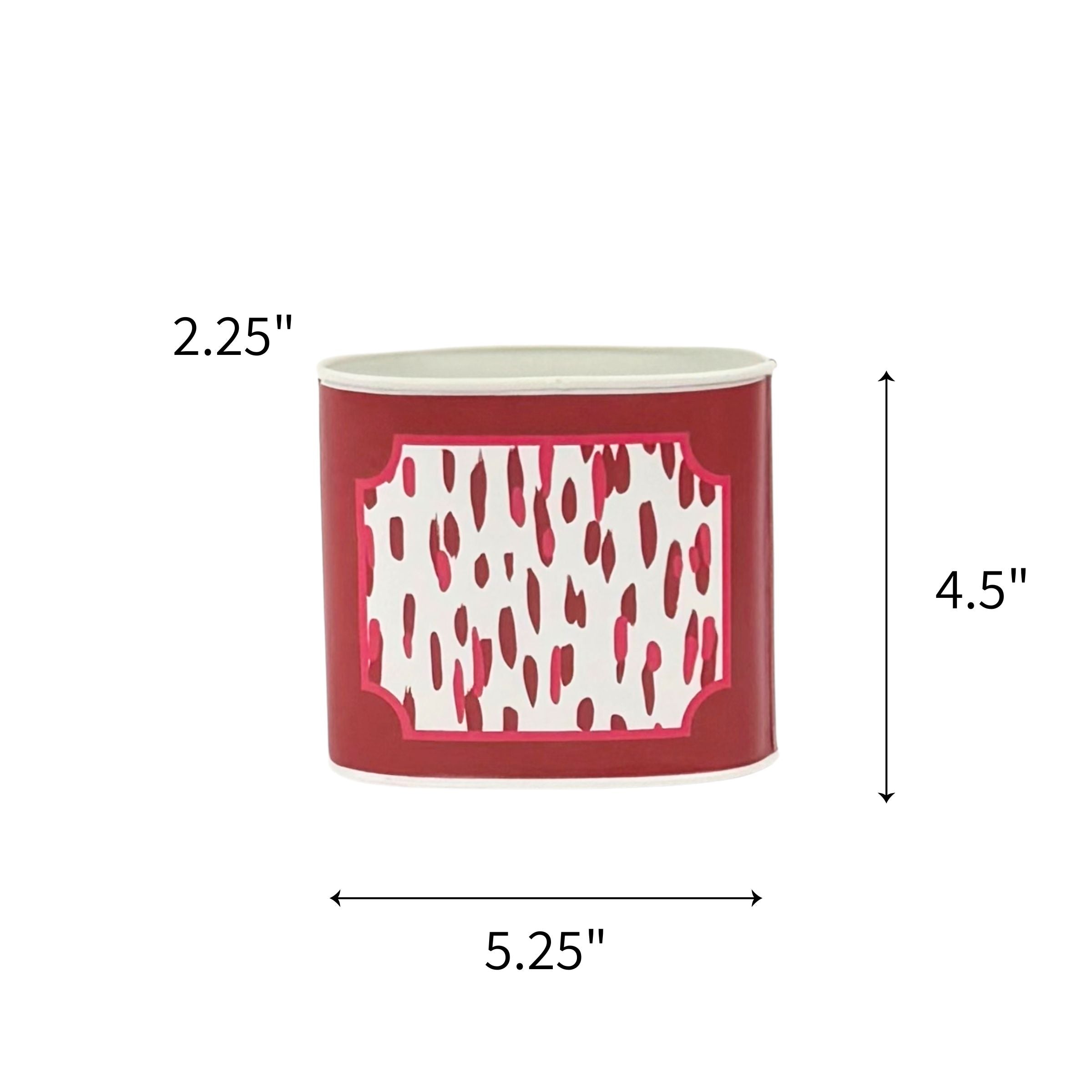 Small Decorative caddy featuring bold red and pink brushstroke patterns with contrasting white backgrounds throughout with dimensions of 2.25" by 4.5" by 5.25"