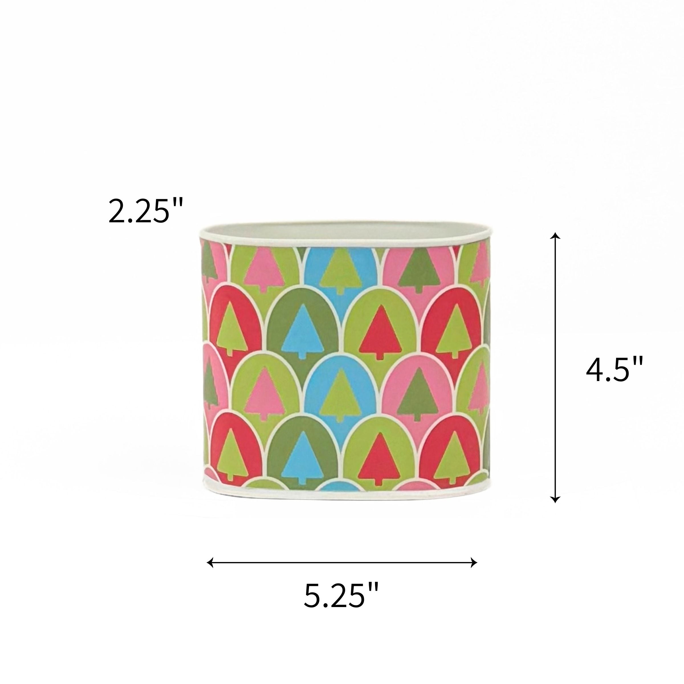 Small Festive Christmas caddy featuring colorful retro trees in pink, green, blue, and red patterns with dimensions of 2.25" by 4.5" by 5.25"