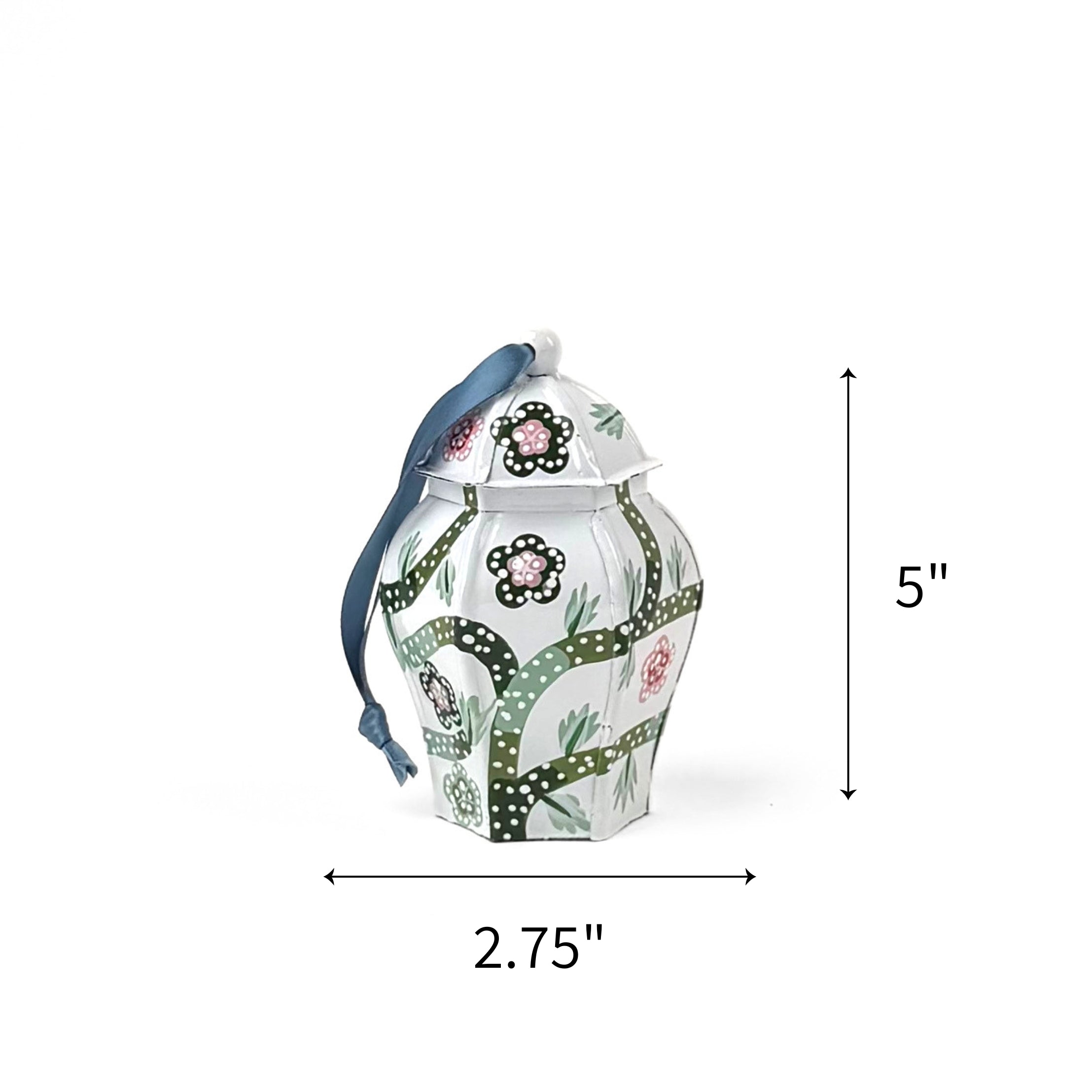 Elegant ginger jar ornaments featuring intricate floral patterns in white and green with ribbons with dimensions of 5" by 2.75"