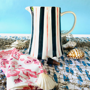 Hand-Painted Blue-and-Red Striped Stoneware Pitcher