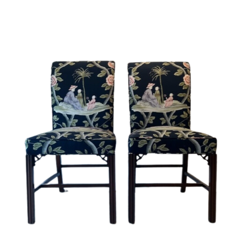 Vintage Hickory Chair Chinoiserie Chintz-Upholstered Dining Chairs with Fretwork Detail, Set of Six