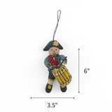 Felt patriotic soldier drum ornament featuring a yellow drum, measuring 6" by 3.5"