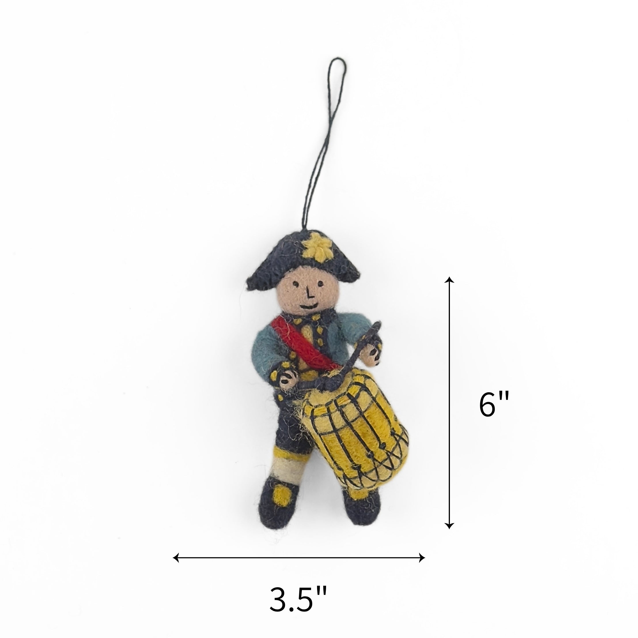 Felt patriotic soldier drum ornament featuring a yellow drum, measuring 6" by 3.5"