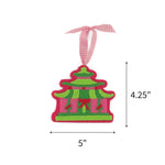 Pink and green felt chinoiserie pagoda Christmas ornament with gingham ribbon, measuring 4.25" by 5"