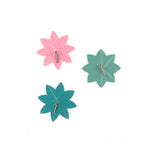 Back of three Colorful jeweled flower Christmas ornaments featuring hand-painted floral designs, vibrant petals, and sparkling gemstone centers.