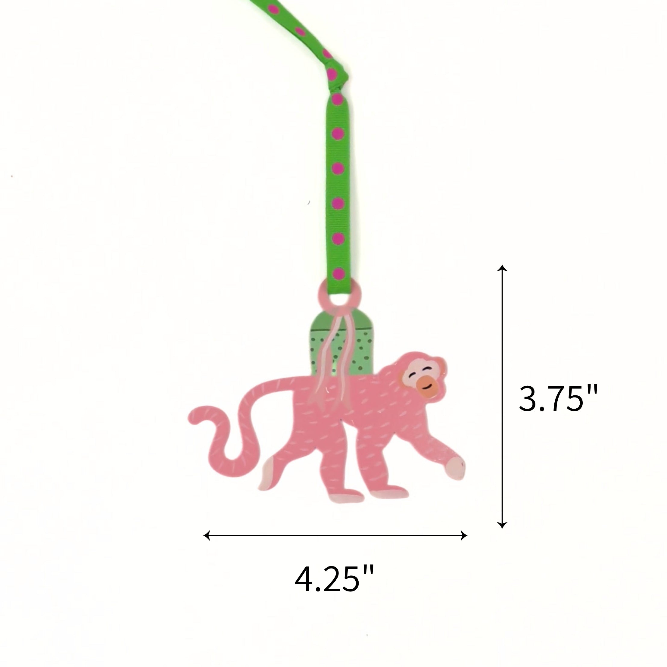 Hand-painted pink monkey Christmas ornament featuring green accents, measuring 3.75" by 4.25"