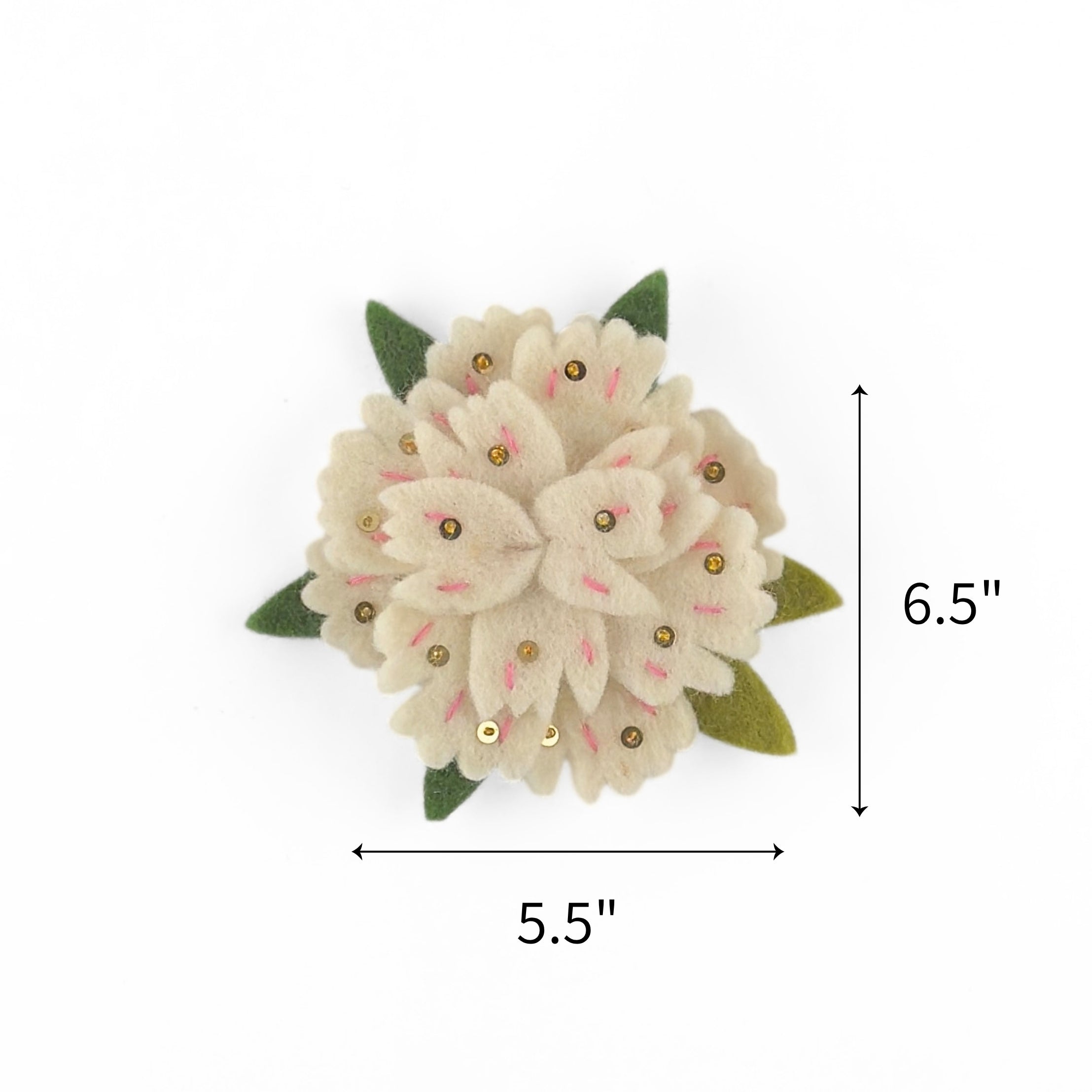 White felt flower ornament featuring pink embroidery, green leaves, and gold sequins, measuring 6.5" by 5.5"