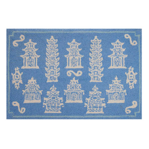 Pagodas, Pagodas! Blue Hooked Wool Rectangular Rug