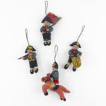 Charming felt patriotic soldier ornaments featuring miniature musicians, horseback riders, and colorful American colonial uniforms.