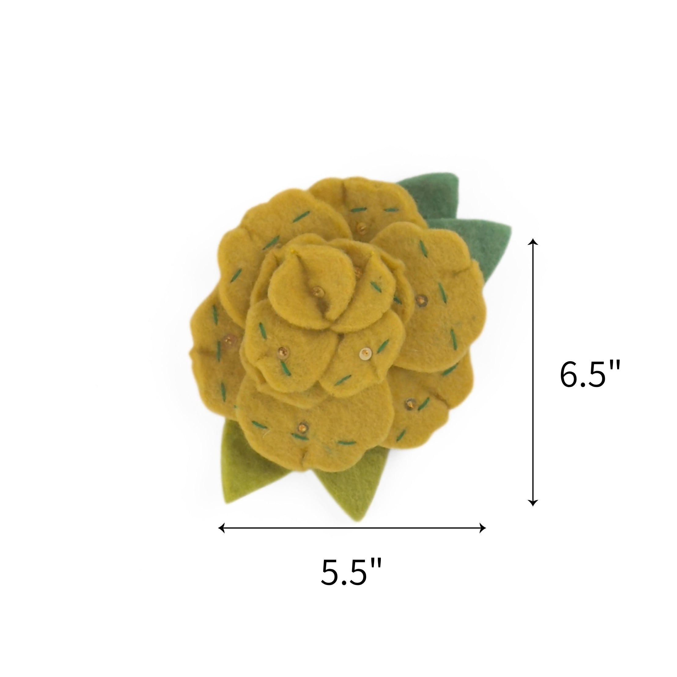  Yellow felt flower ornament featuring layered petals, green leaves, and delicate embroidery, measuring 6.5" by 5.5"