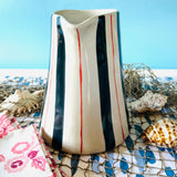 Hand-Painted Blue-and-Red Striped Stoneware Pitcher