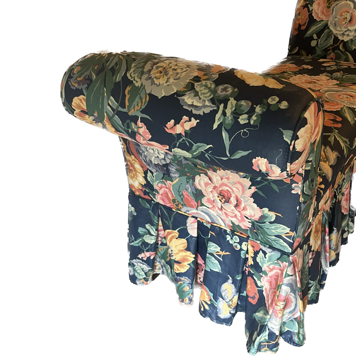 Skirted Rose-Patterned Chintz Bench