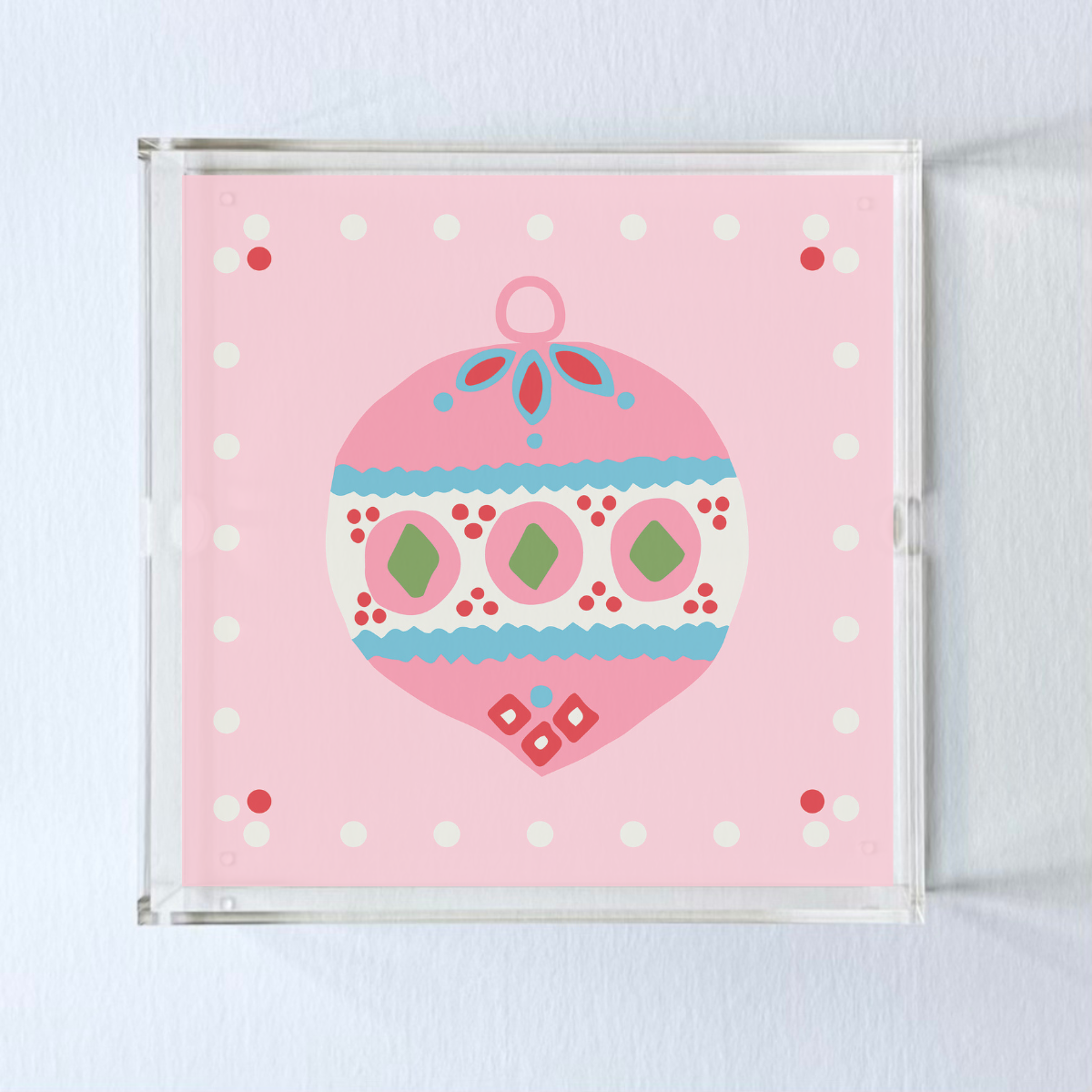 Pink Christmas Ornament Square Christmas Acrylic Tray, 3 Sizes