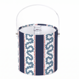 Decorative ice bucket with blue and white striped pattern featuring light blue wavy trim and red dotted accents with clear acrylic handle.