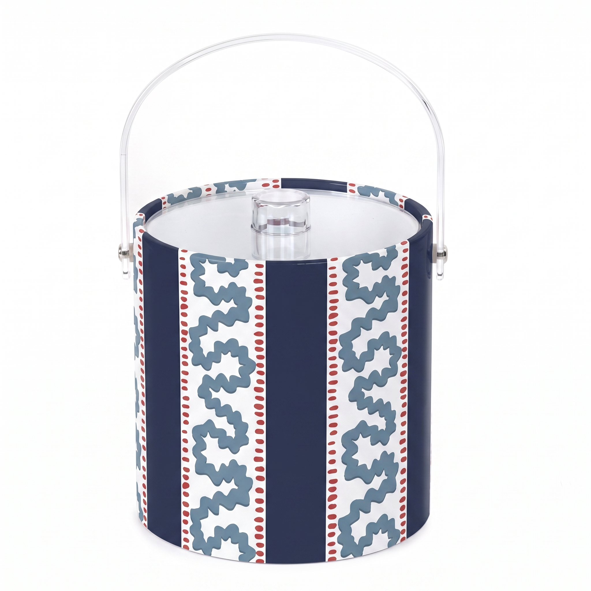 Decorative ice bucket with blue and white striped pattern featuring light blue wavy trim and red dotted accents with clear acrylic handle.