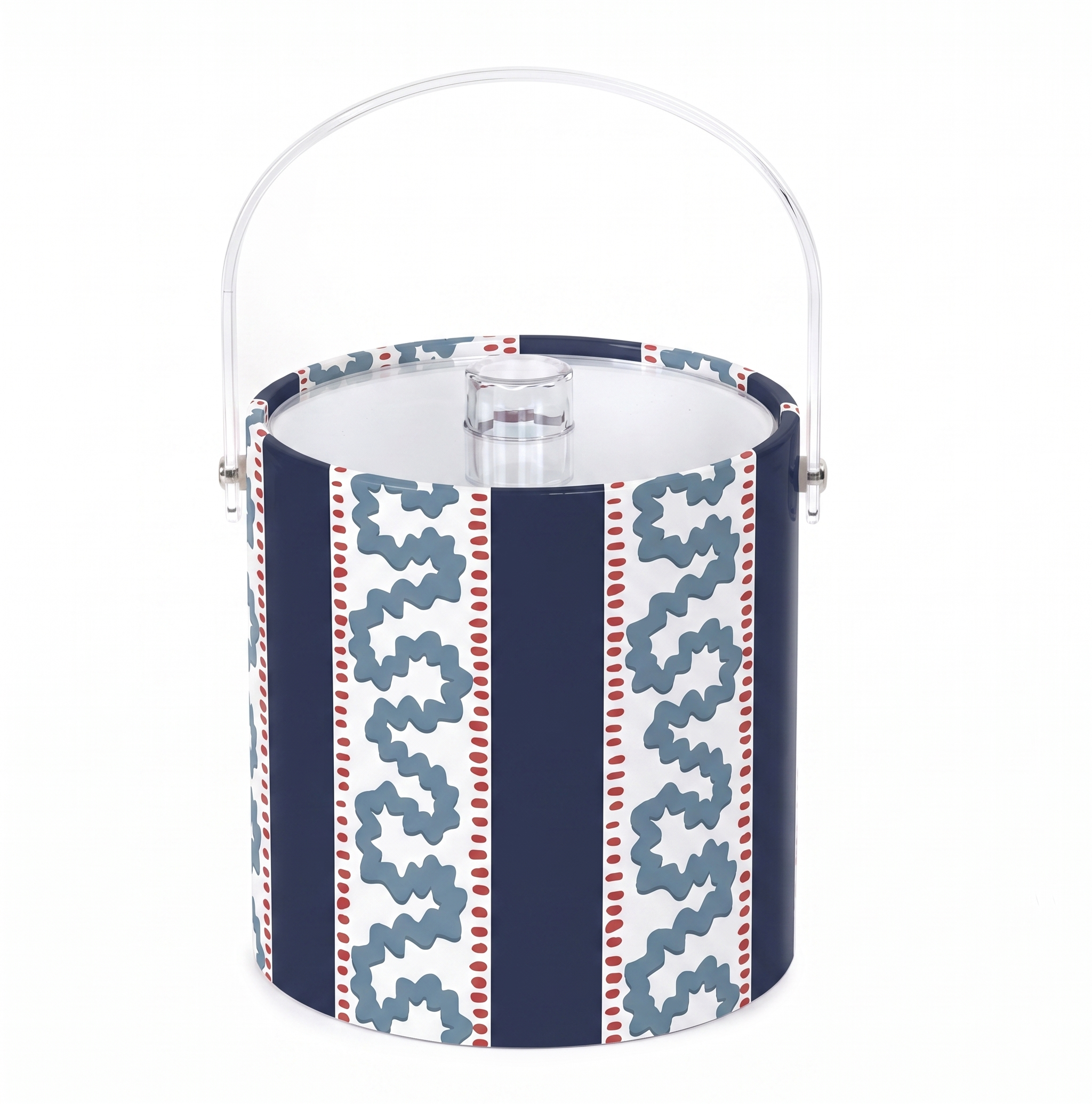 Decorative ice bucket with blue and white striped pattern featuring light blue wavy trim and red dotted accents with clear acrylic handle.