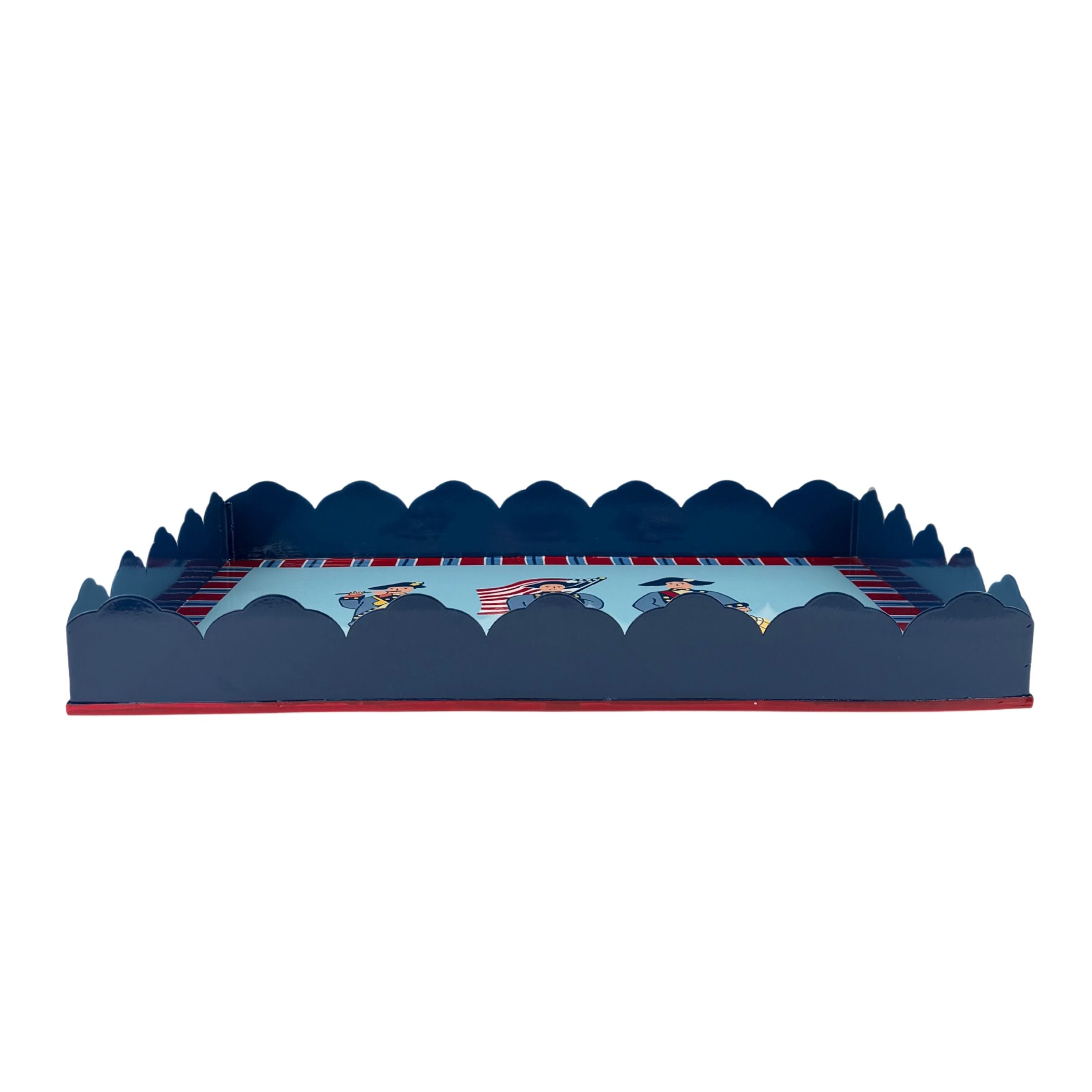 America patriotic red blue white tray side view with scalloped navy edges and colonial themed illustration design.