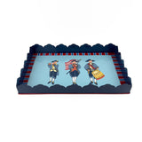 America patriotic red blue white tray top angle view with colonial soldier artwork and scalloped navy border.