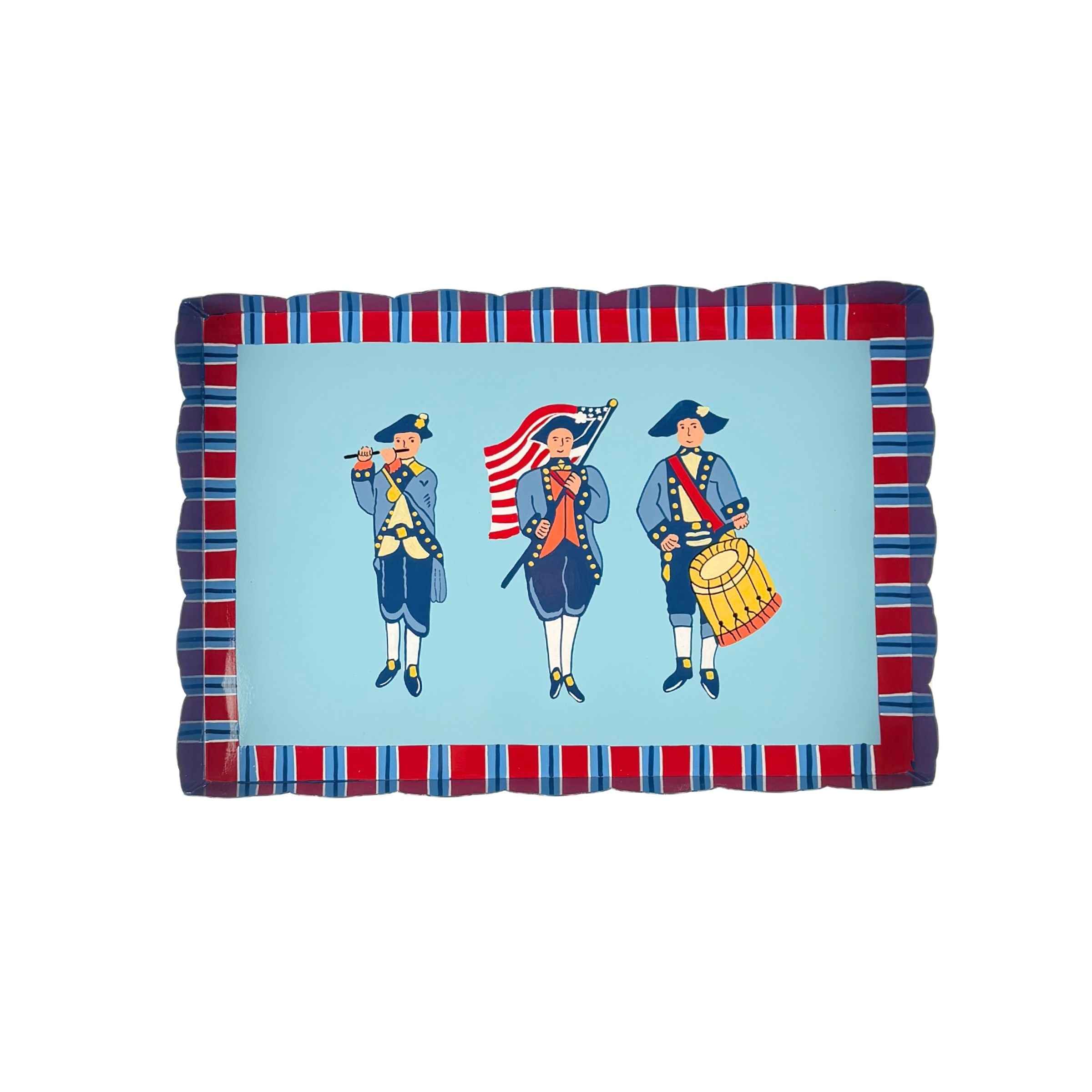 America patriotic red blue white tray with colonial soldier illustrations and striped scalloped border design.