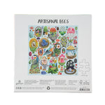 Back of 500 piece jigsaw puzzle with colorful artisanal egg illustrations