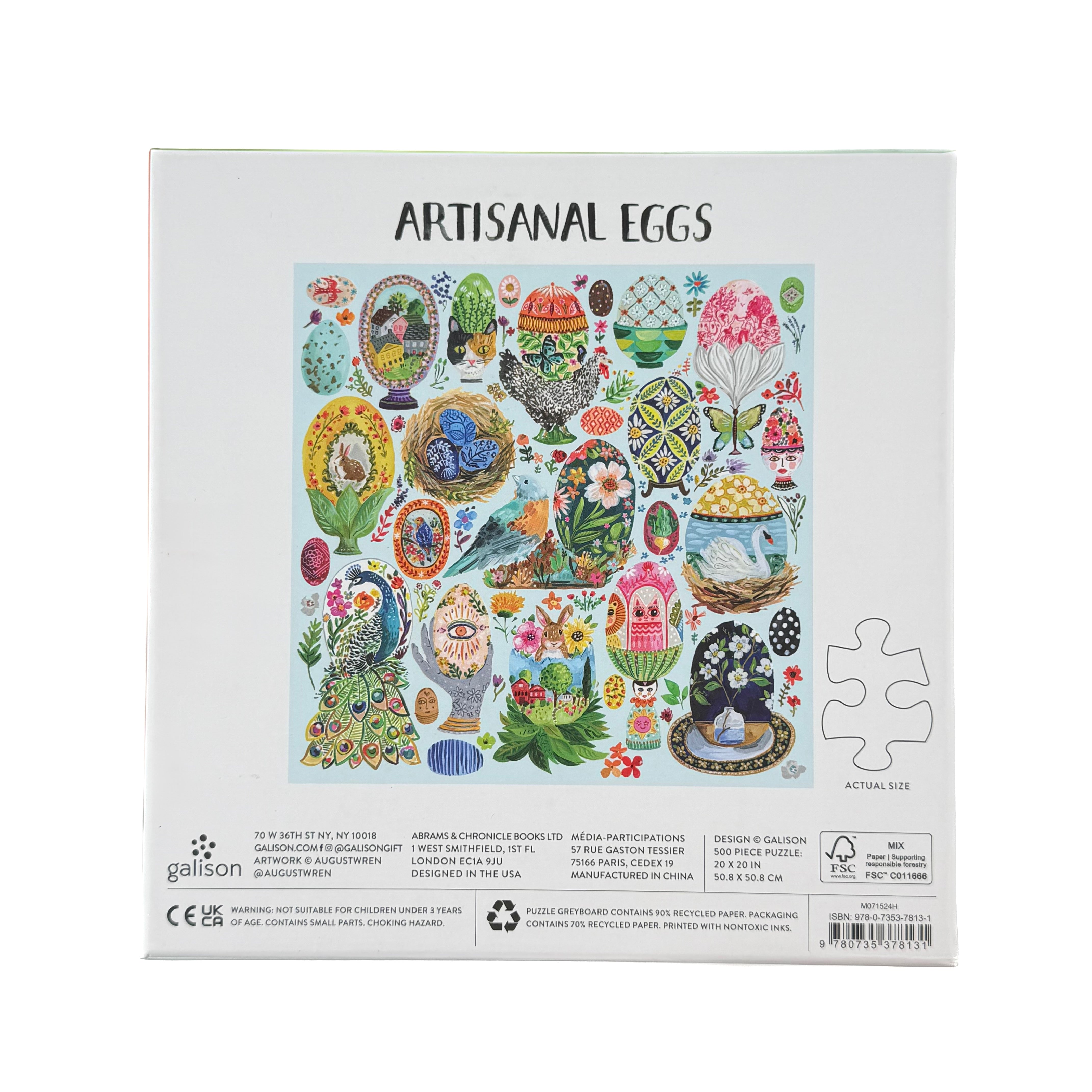 Back of 500 piece jigsaw puzzle with colorful artisanal egg illustrations