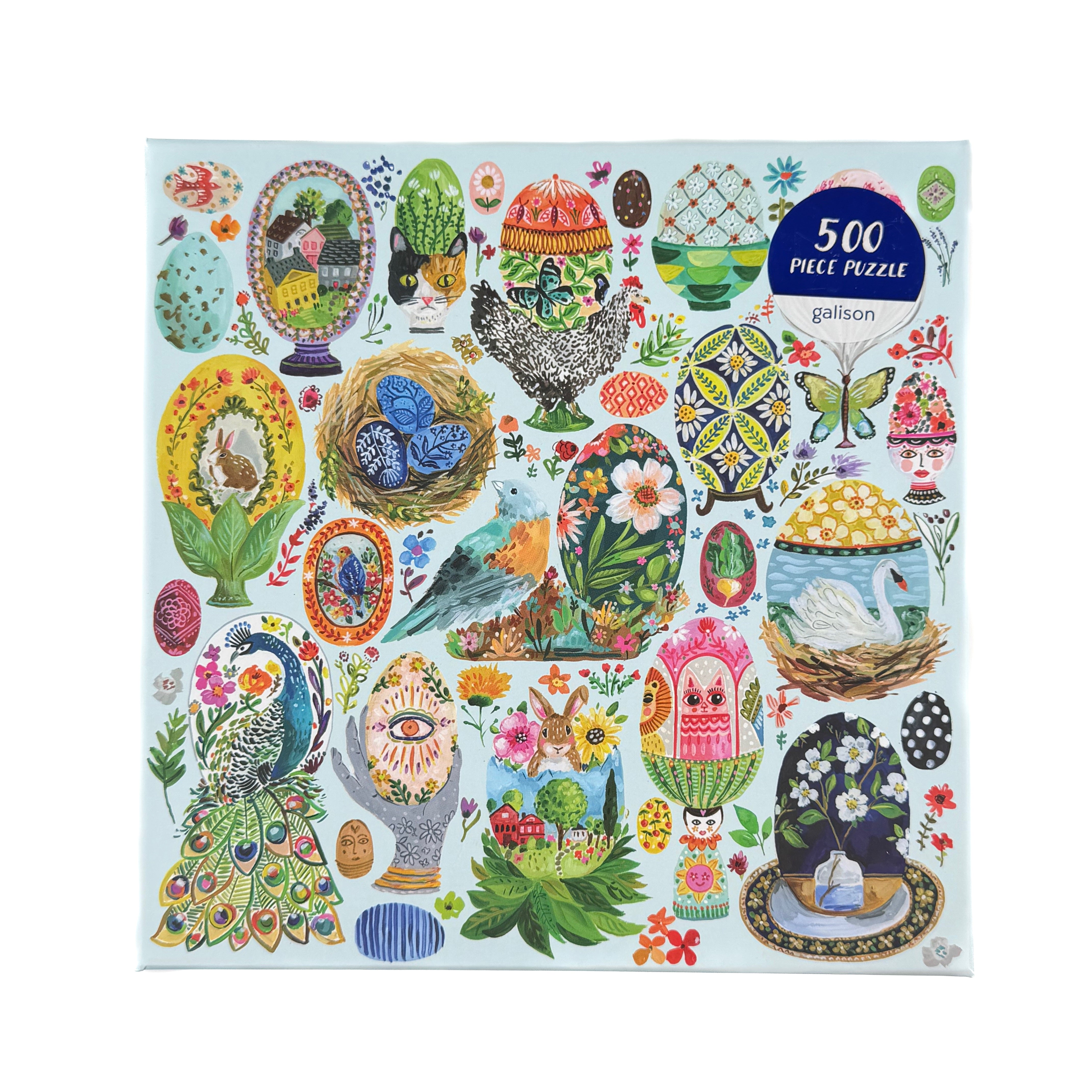 Front of 500 piece jigsaw puzzle with colorful artisanal egg illustrations