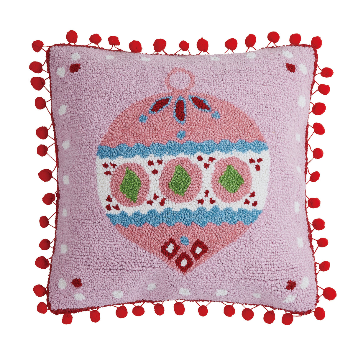 Pink Christmas Ornament Hooked-Wool Accent Pillow