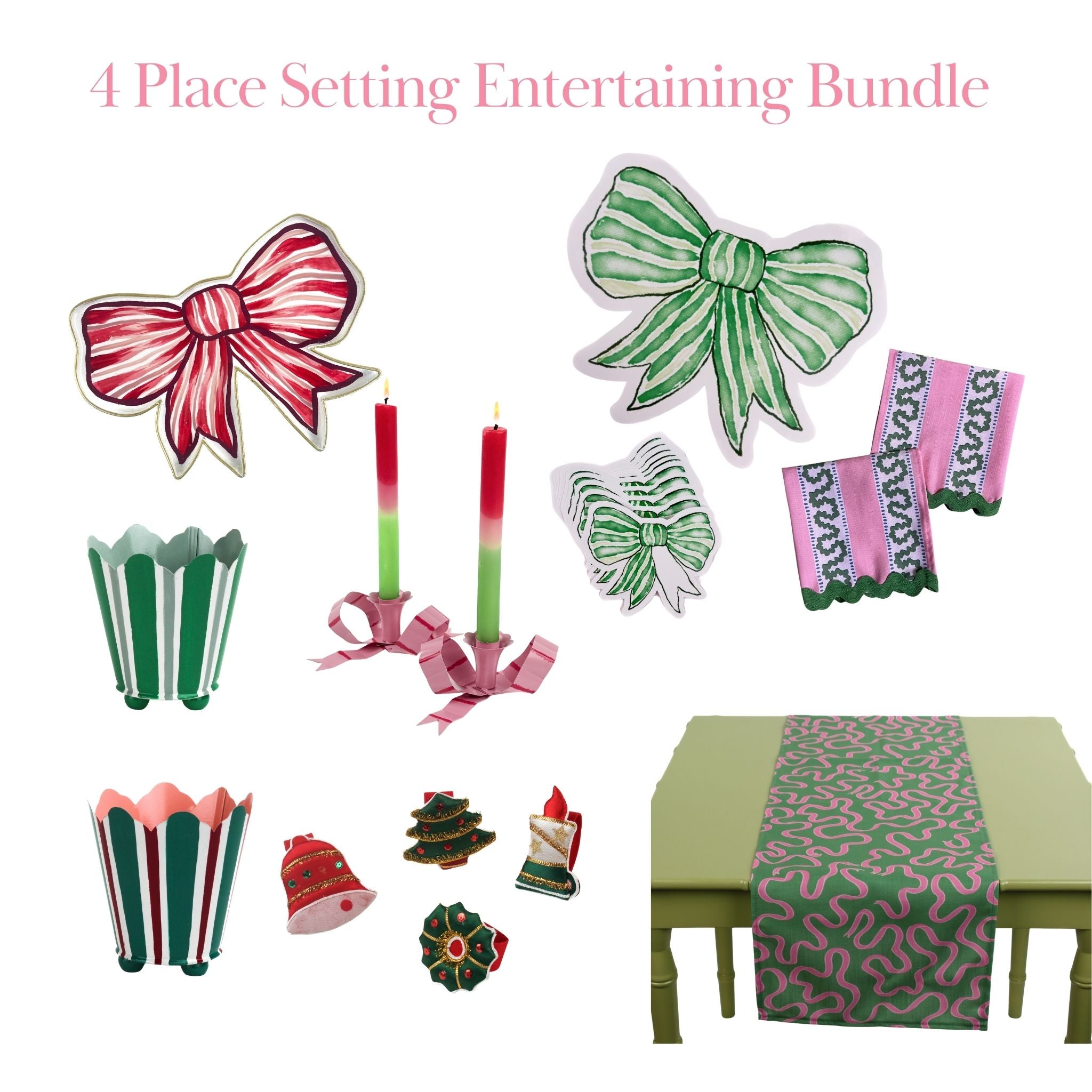 4 Place Setting Entertaining Bundle featuring festive bow-shaped paper placemats, striped cupcake wrappers, ombré taper candles with ribbon holders, embroidered pink and green napkins, mini holiday ornaments, and a green table runner with pink swirl pattern.