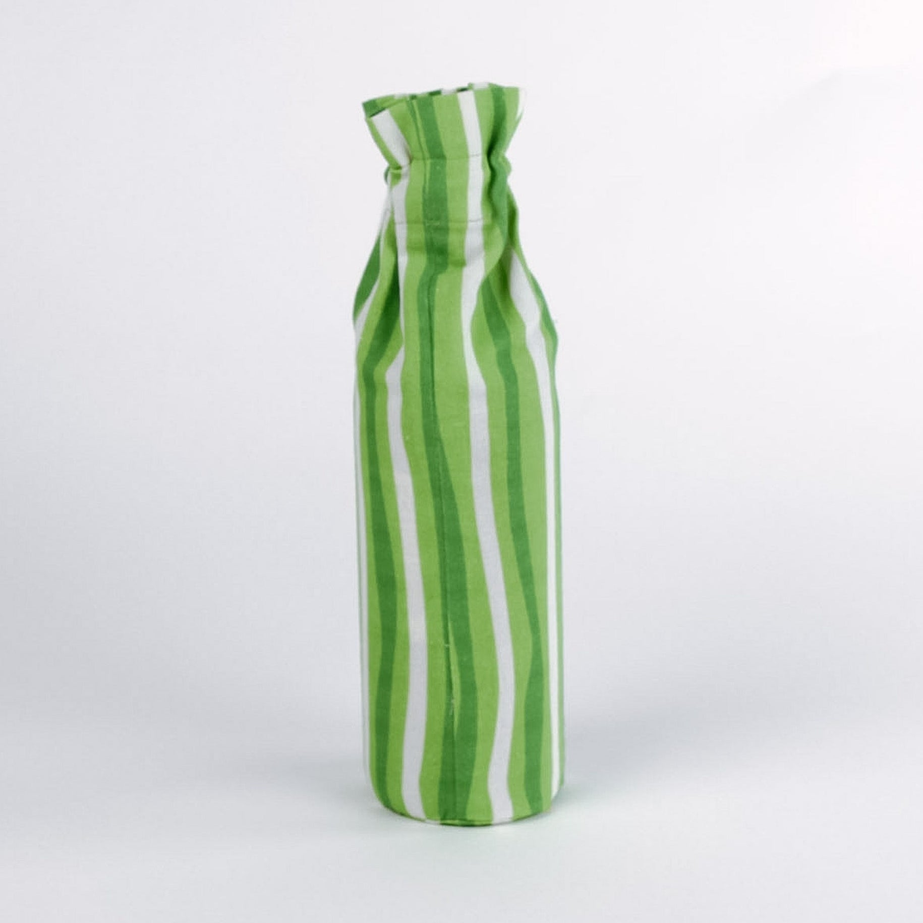 Green and white striped wine bottle bag on a white background