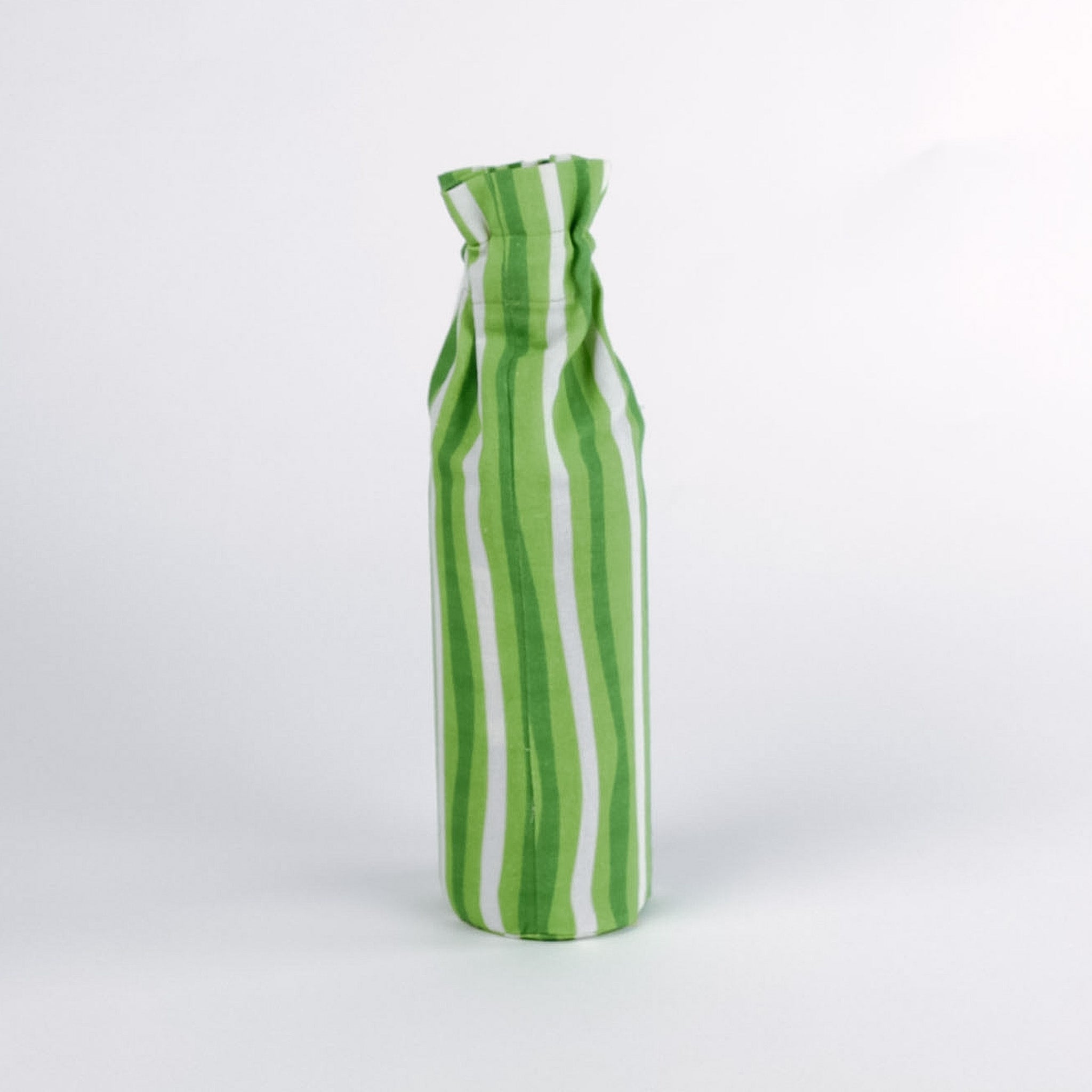 Green and white striped wine bottle bag on a white background
