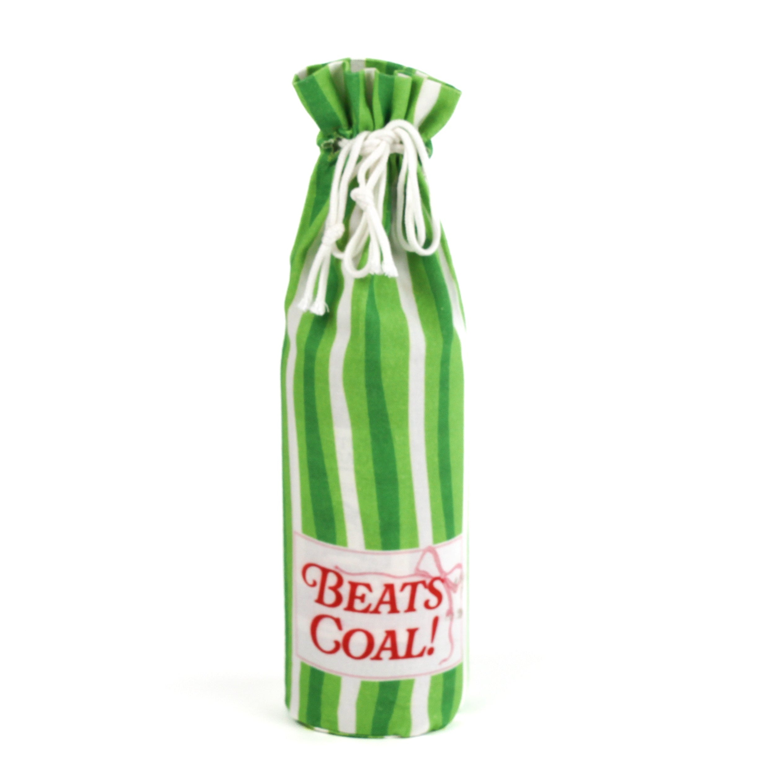 Green and white striped wine bottle bag with 'Beats the Coal!' text on a white background