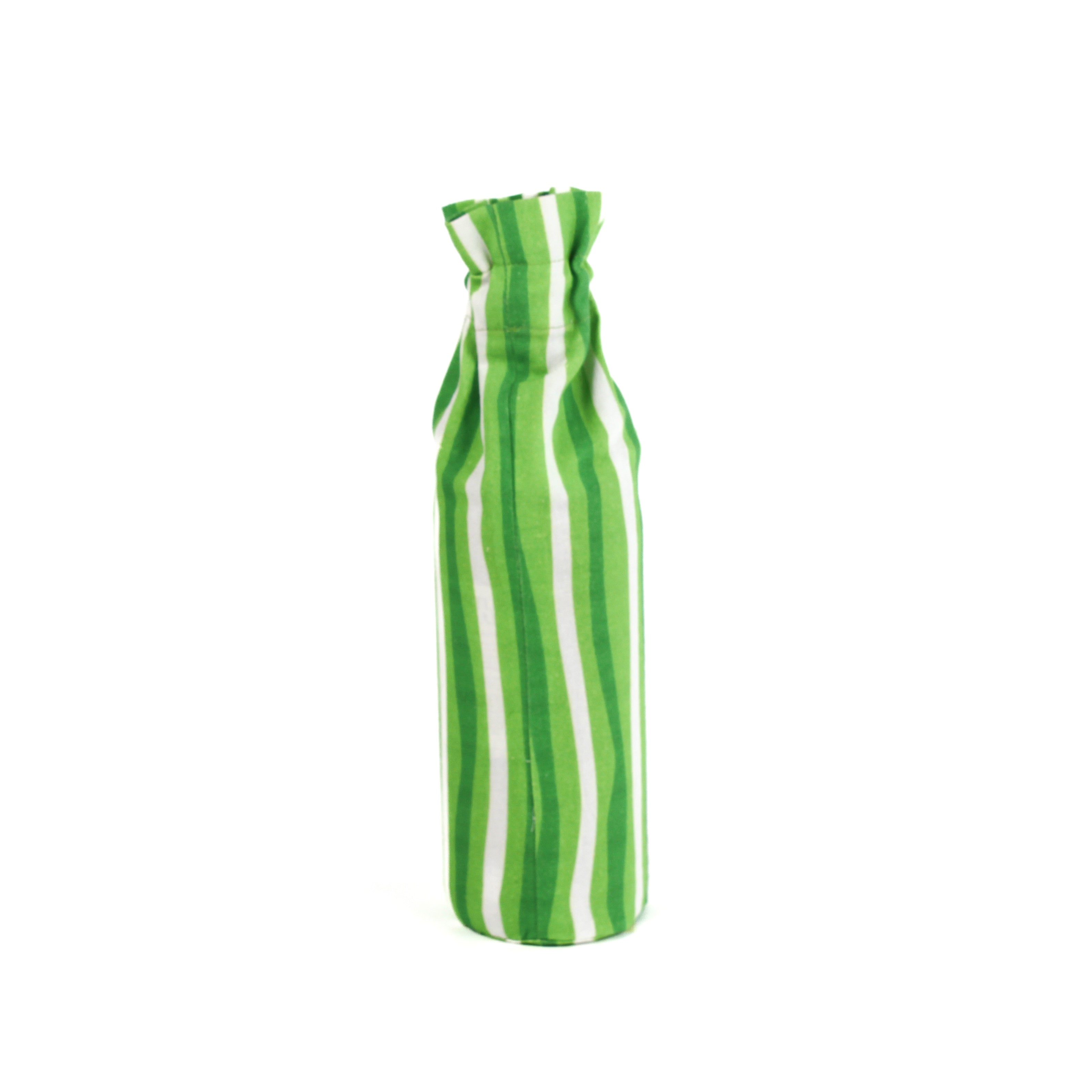 back of the Green and white striped wine bottle bag with 'Beats the Coal!' text on a white background
