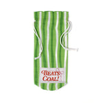Green and white striped wine bottle bag with 'Beats the Coal!' text on a white background