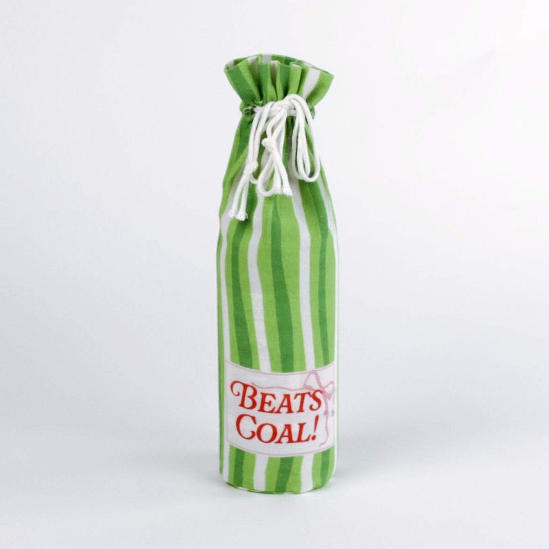 Green and white striped wine bottle bag with 'Beats the Coal!' text on a white background