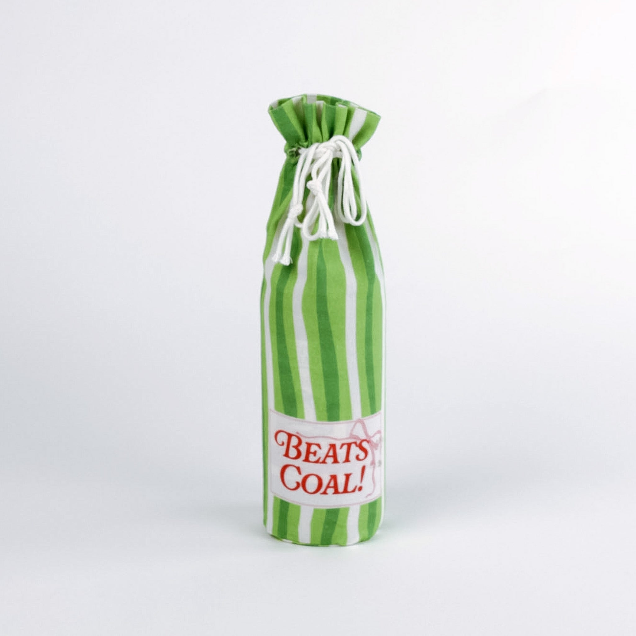 Green and white striped wine bottle bag with 'Beats the Coal!' text on a white background