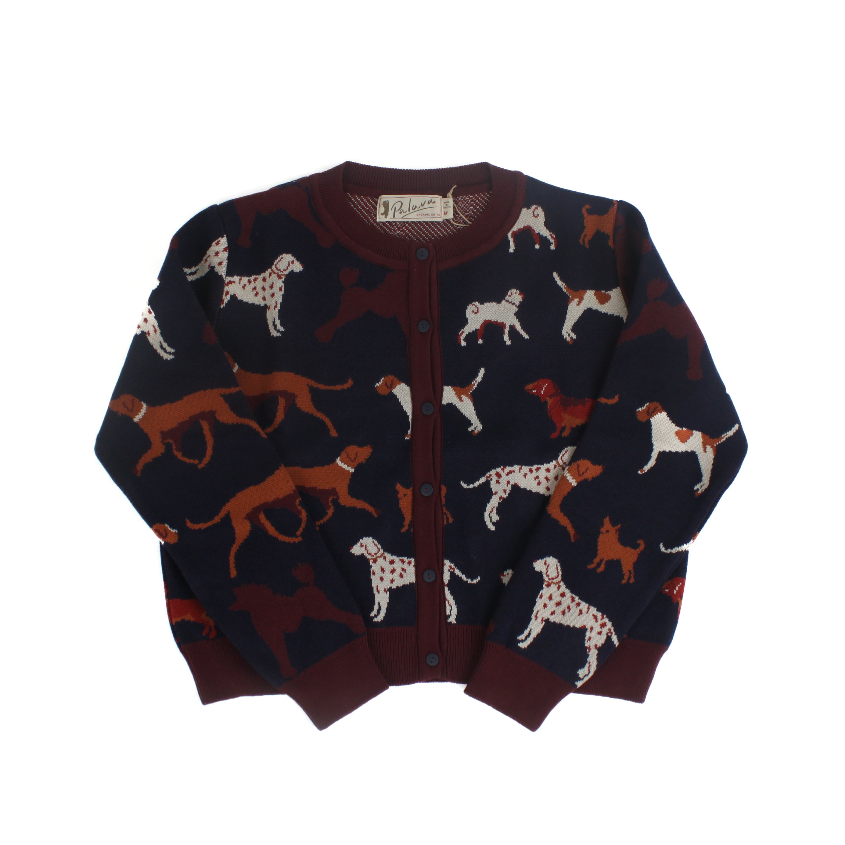 Navy knit cardigan featuring an allover  dog pattern with button front