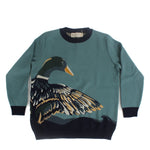 Teal knit sweater featuring a detailed mallard duck motif across the front